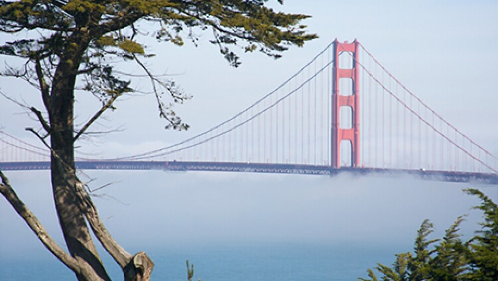 The Golden Gate Bridge in the early morning fog. San Francisco, 