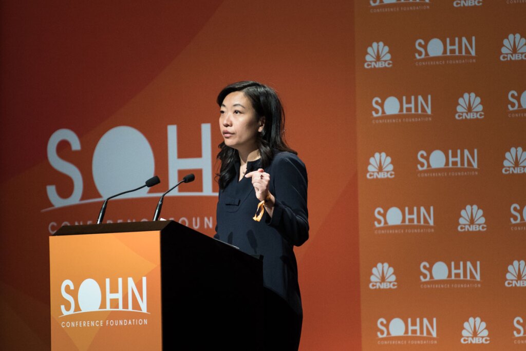 Li Ran, chief investment officer of Half Sky Capital, speaks at the 2018 Sohn Investment Conference. (Kholood Eid/Bloomberg)