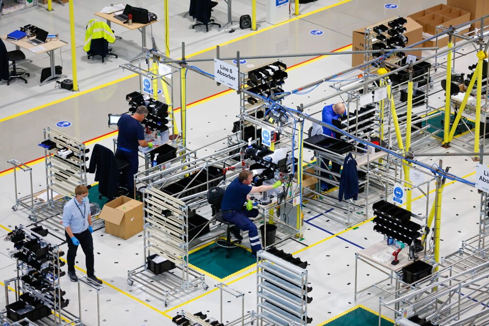 Employees work on ventilator production at an adapted Airbus assembly plant. (Paul Thomas/Bloomberg)